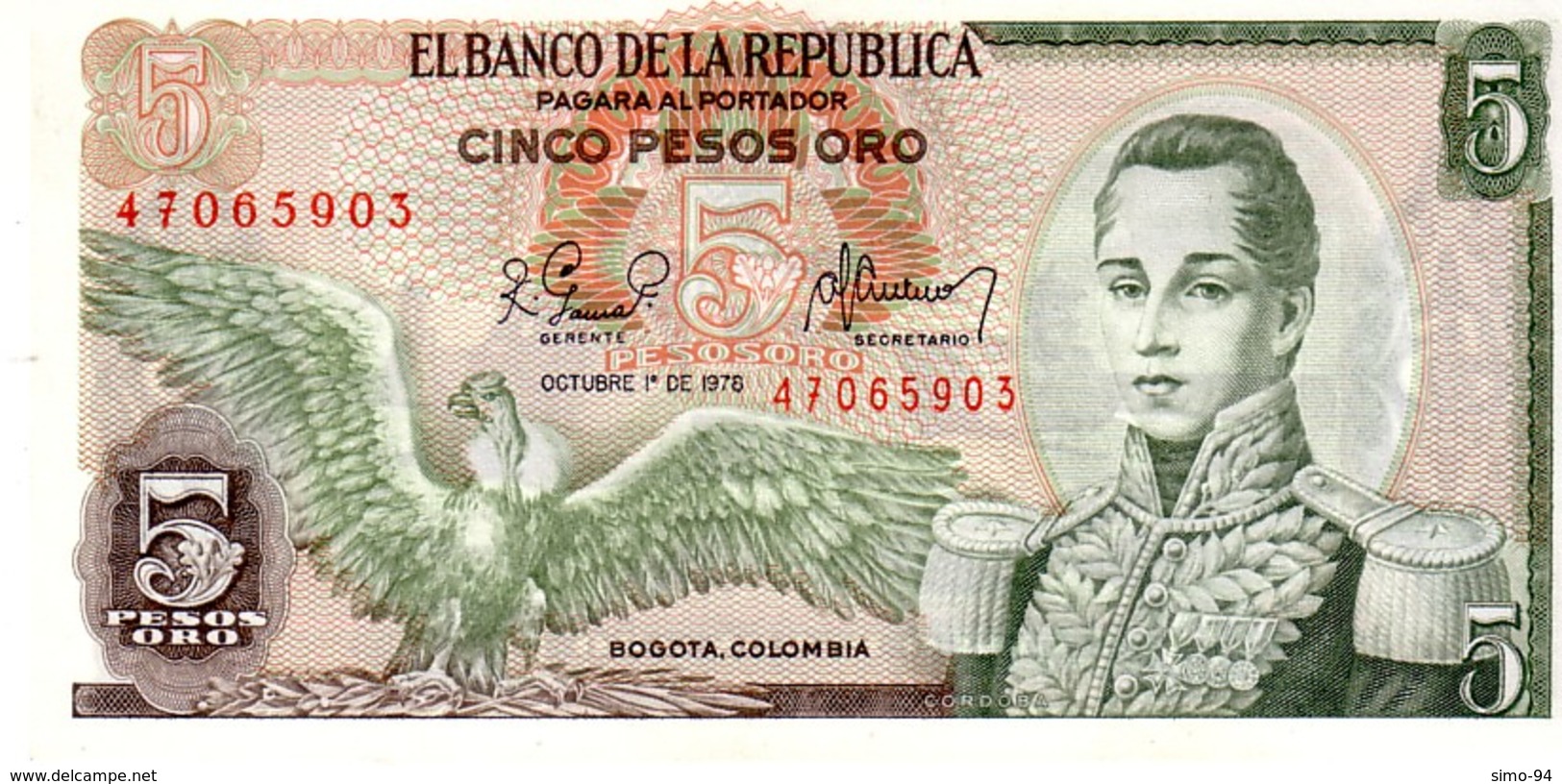 Colombia P.406  5  Pesos 1978 Unc - Colombia