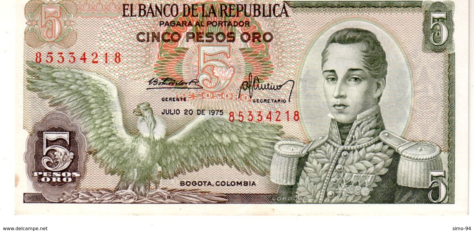 Colombia P.406  5  Pesos 1975 Unc - Colombia
