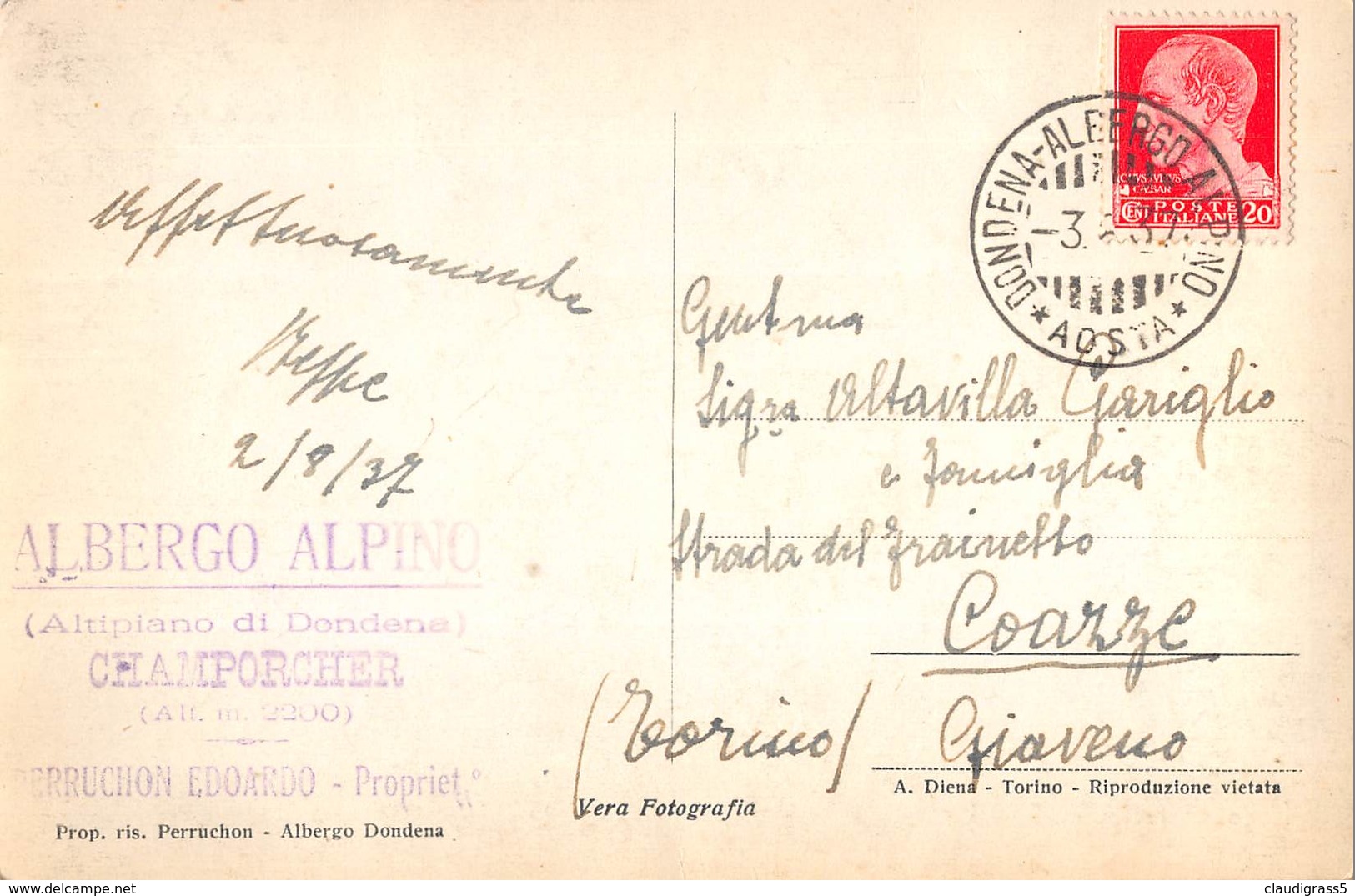 0403 "LAGO MISERIN (AO) M. 2588" CART. ORIG. SPED. 1937 - Altri & Non Classificati