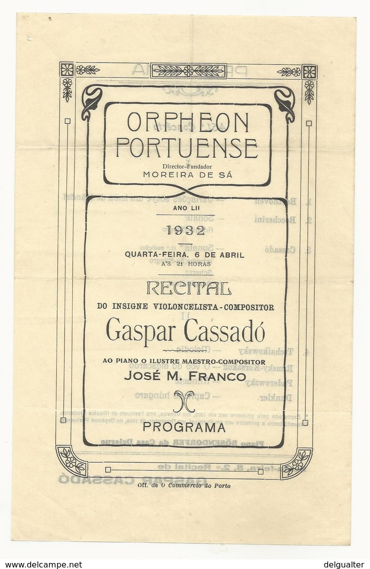 Program - Portugal - Orpheon Portuense - 6 Abril 1932 - Gaspar Cassadó - Programmes