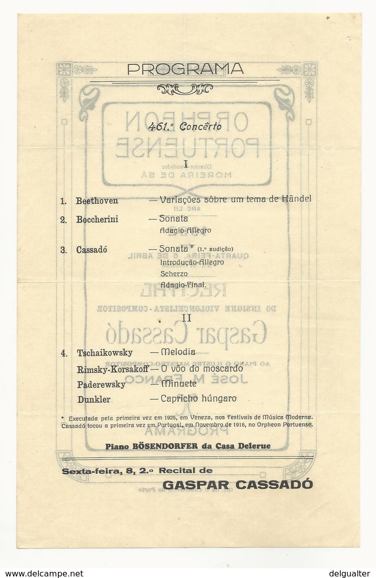 Program - Portugal - Orpheon Portuense - 6 Abril 1932 - Gaspar Cassadó - Programmes