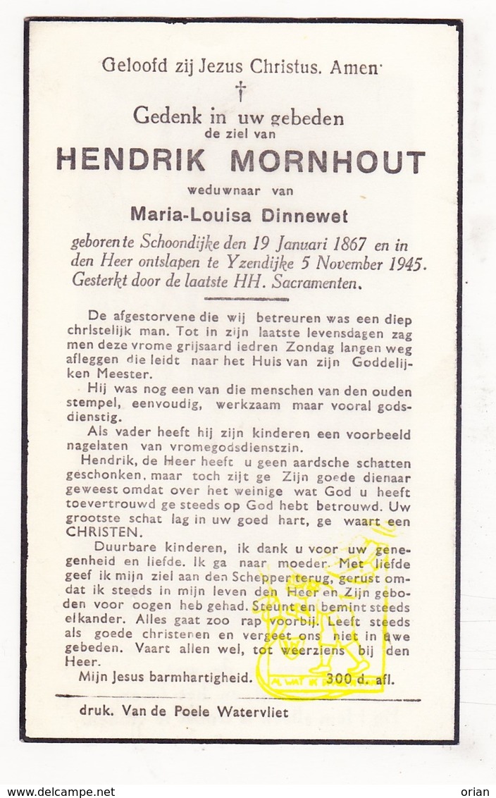 DP NL Sluis Zeeland - Hendrik Mornhout ° Schoondijke 1867 † IJzendijke 1945 X Maria L. Dinnewet - Images Religieuses