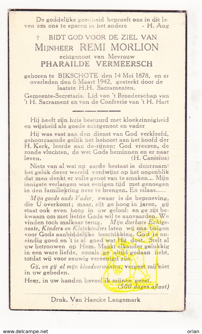 DP Gemeentesecretaris Remi Morlion ° Bikschote 1878 † 1942 X P. Vermeersch / Langemark-Poelkapelle - Images Religieuses