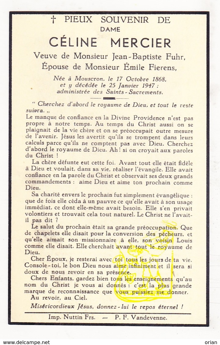 DP Céline Mercier ° Mouscron Moeskroen 1868 † 1947 X JB. Fuhr Xx E. Fierens - Images Religieuses