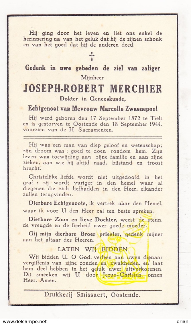 DP Dokter Joseph Robert Merchier ° Tielt 1872 † Oostende 1944 X M. Zwaenepoel - Images Religieuses