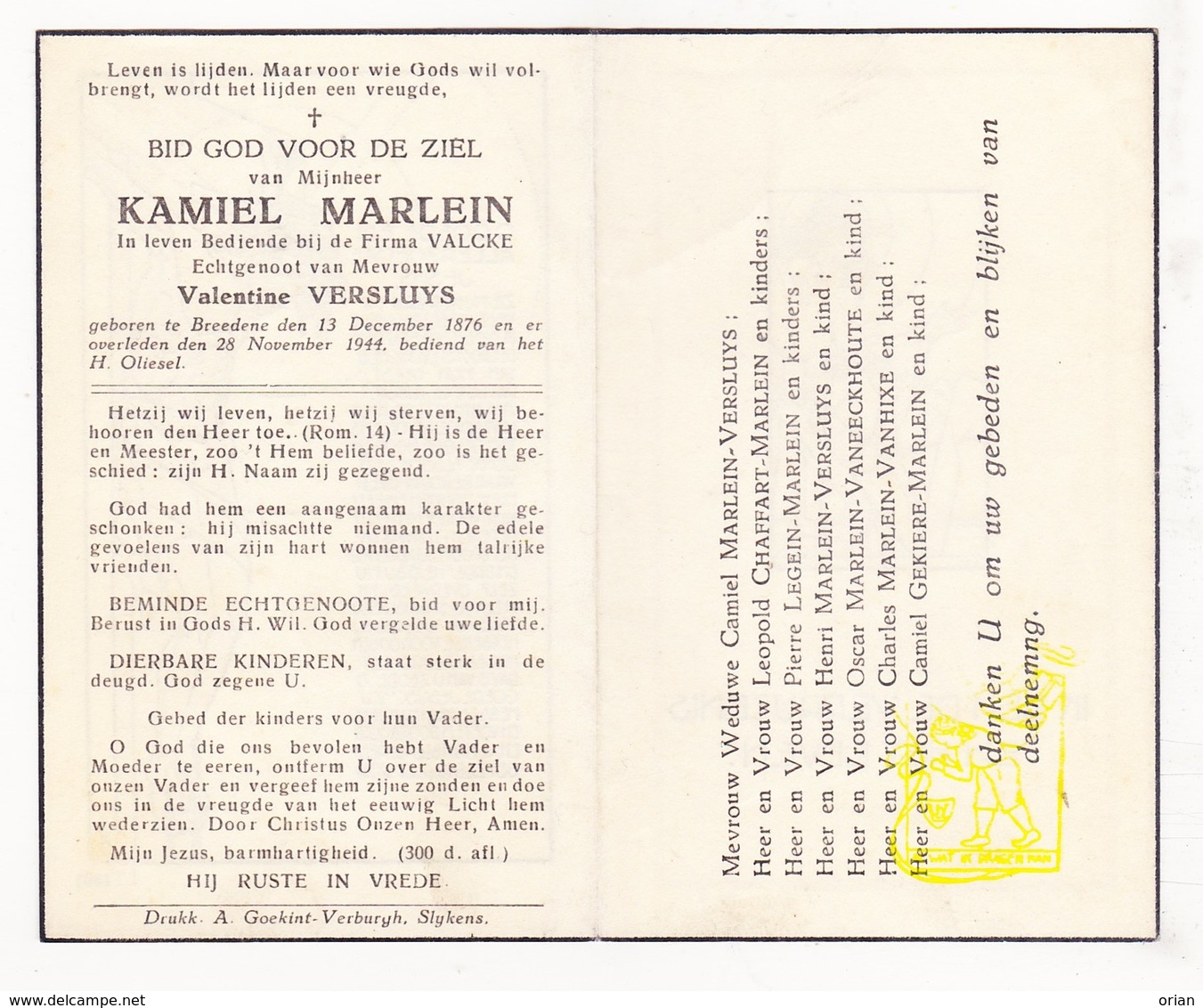 DP Kamiel Marlein ° Bredene 1876 † 1944 X Valentine Versluys / Chaffart Legein Vaneeckhoute Vanhixe Gekiere - Images Religieuses