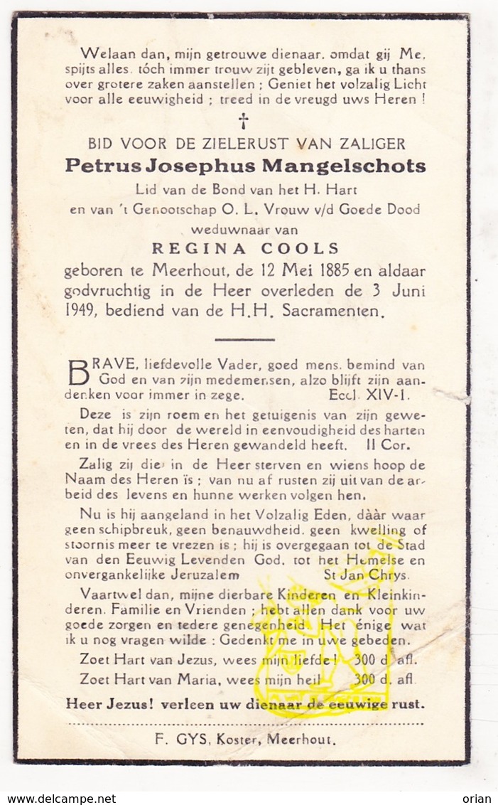 DP Petrus J. Mangelschots ° Meerhout 1885 † 1949 X Regina Cools - Images Religieuses