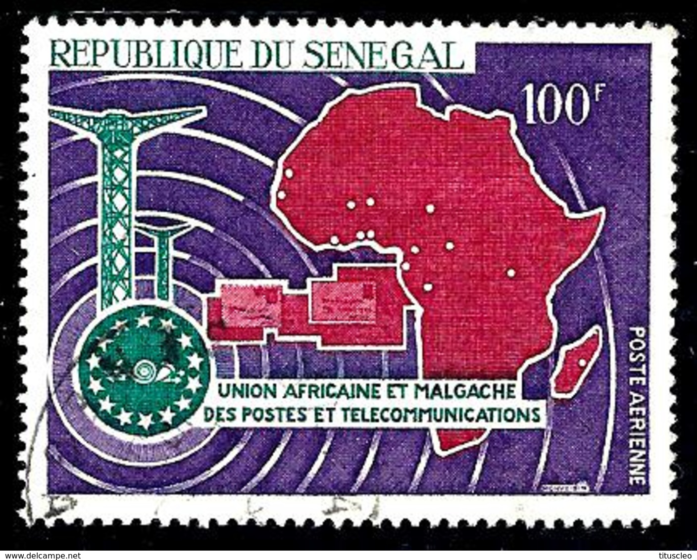 SÉNÉGAL Aer62° 100f Violet, Rouge Foncé Et Vert Union Africaine Et Malgache Des Postes Et Téléco(10% De La Cote + 0,25) - Senegal (1960-...)
