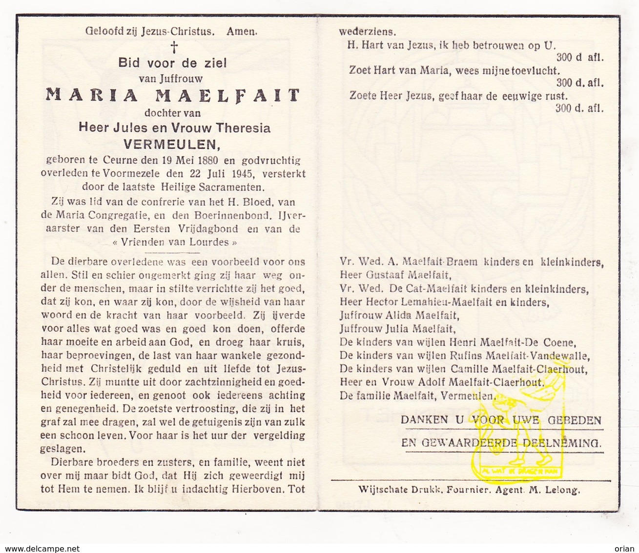 DP Maria Maelfait / Vermeulen ° Kuurne 1880 † Voormezele Ieper 1945 / Braem De Cat Lemahieu De Coene Vandewalle - Images Religieuses