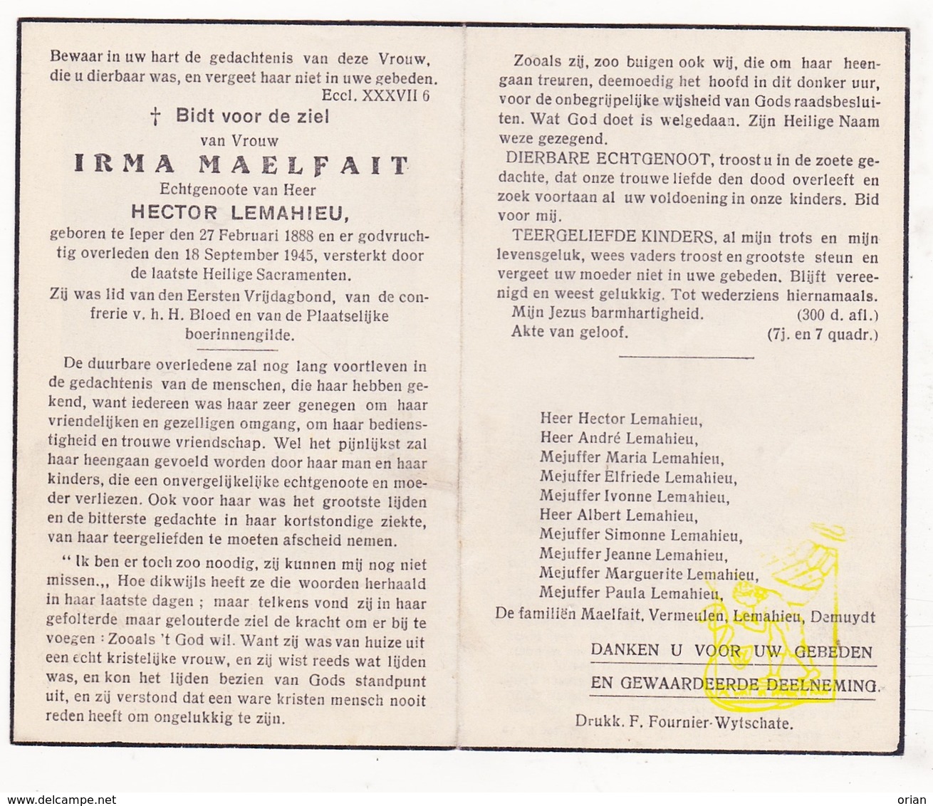 DP Irma Maelfait ° Ieper 1888 † 1945 X Hector Lemahieu / Vermeulen Demuydt - Images Religieuses