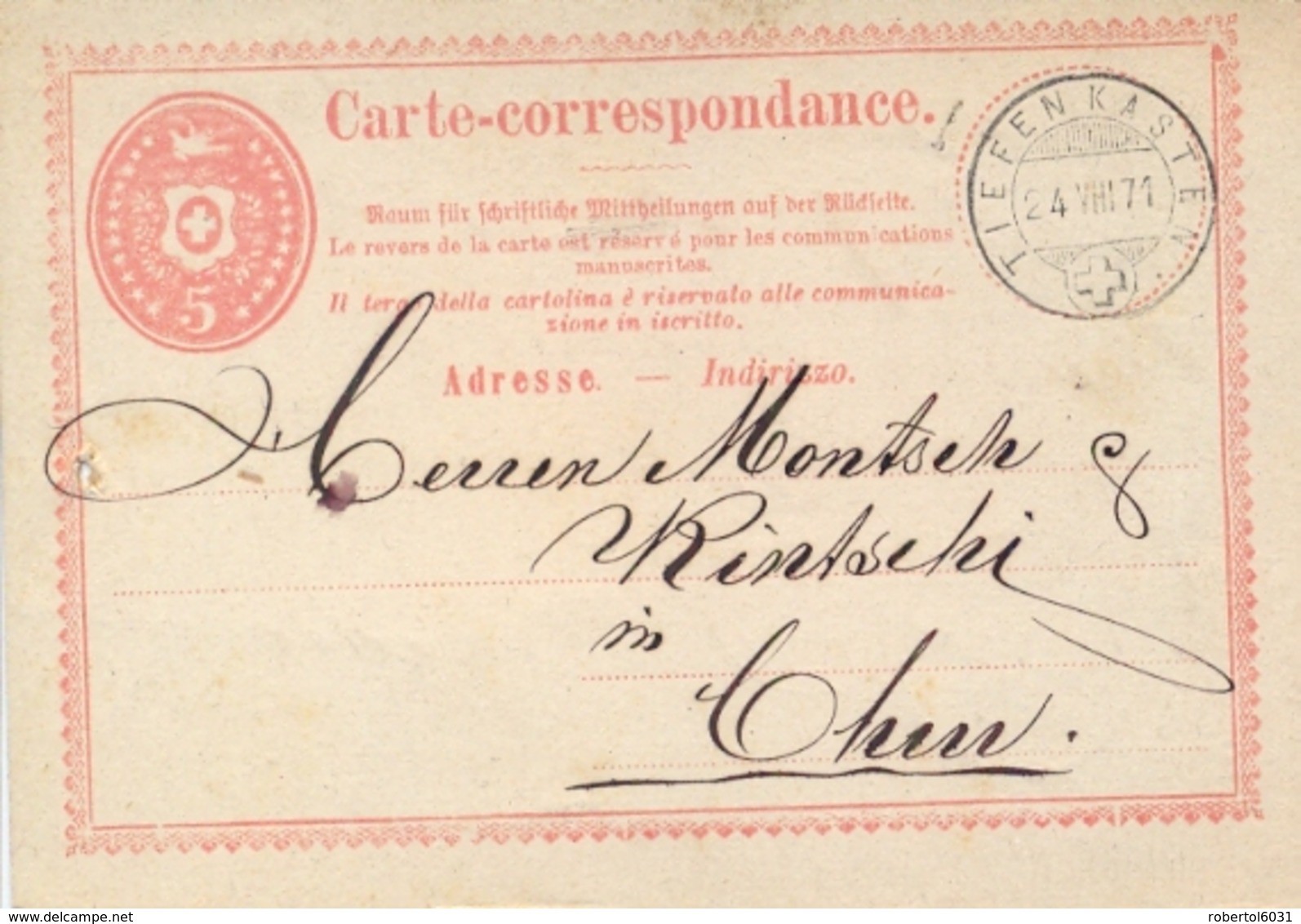 Switzerland 1871 Postal Stationery Postcard 5 C. Red From Tiefenkasten To Chur - Interi Postali