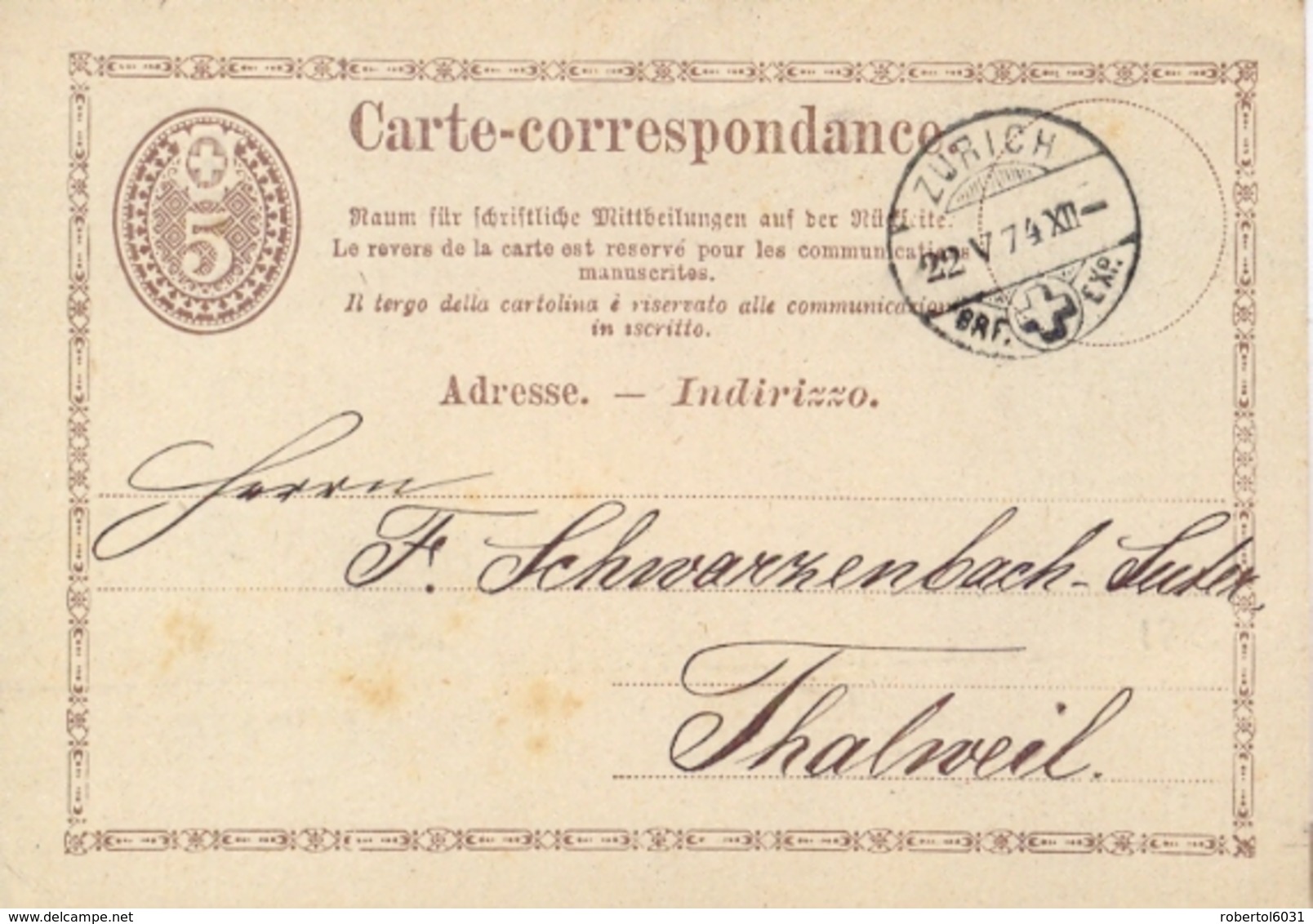 Switzerland 1874 Postal Stationery Postcard 5 C. Brown From Zürich To Thalweil - Interi Postali