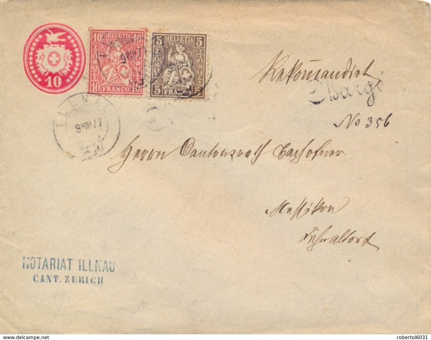 Switzerland Suisse 1877 Registered Postal Stationery Envelope 10 C. + Stamps 5 C. + 10 C. From Illnau Chargé - Interi Postali