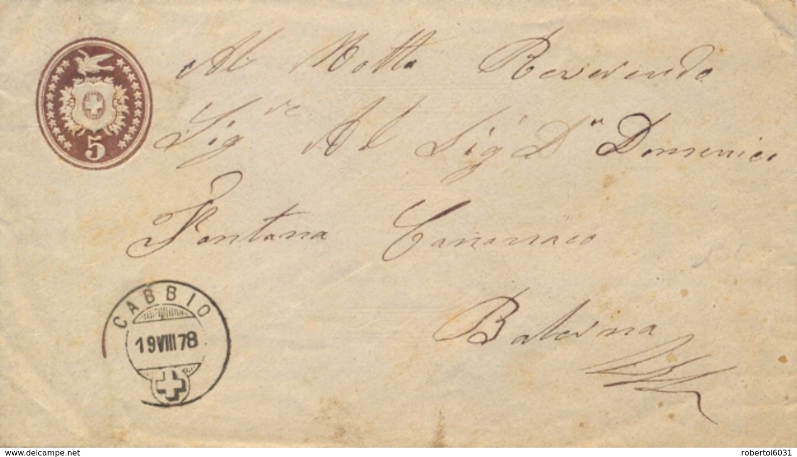 Switzerland 1878 Postal Stationery Envelope 5 C. From Cabbio To Balerna - Interi Postali