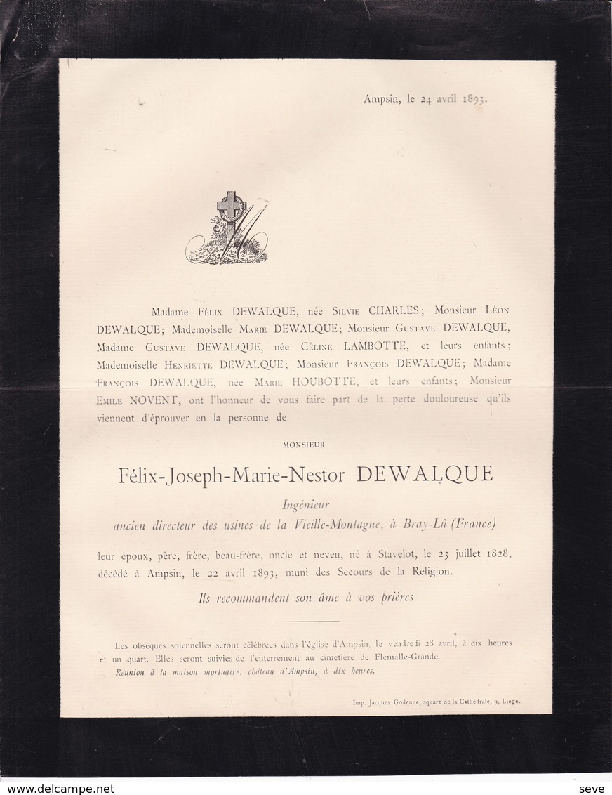 STAVELOT AMPSIN Félix DEWALQUE Ingénieur Ancien Directeur De La Vieille-Montagne à BRUY-LA France  1828-1893 - Décès