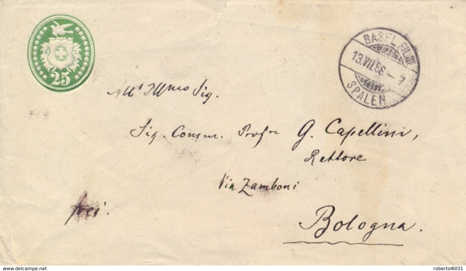 Switzerland 1888 Postal Stationery Envelope 25 C. From Basel To Italy - Interi Postali