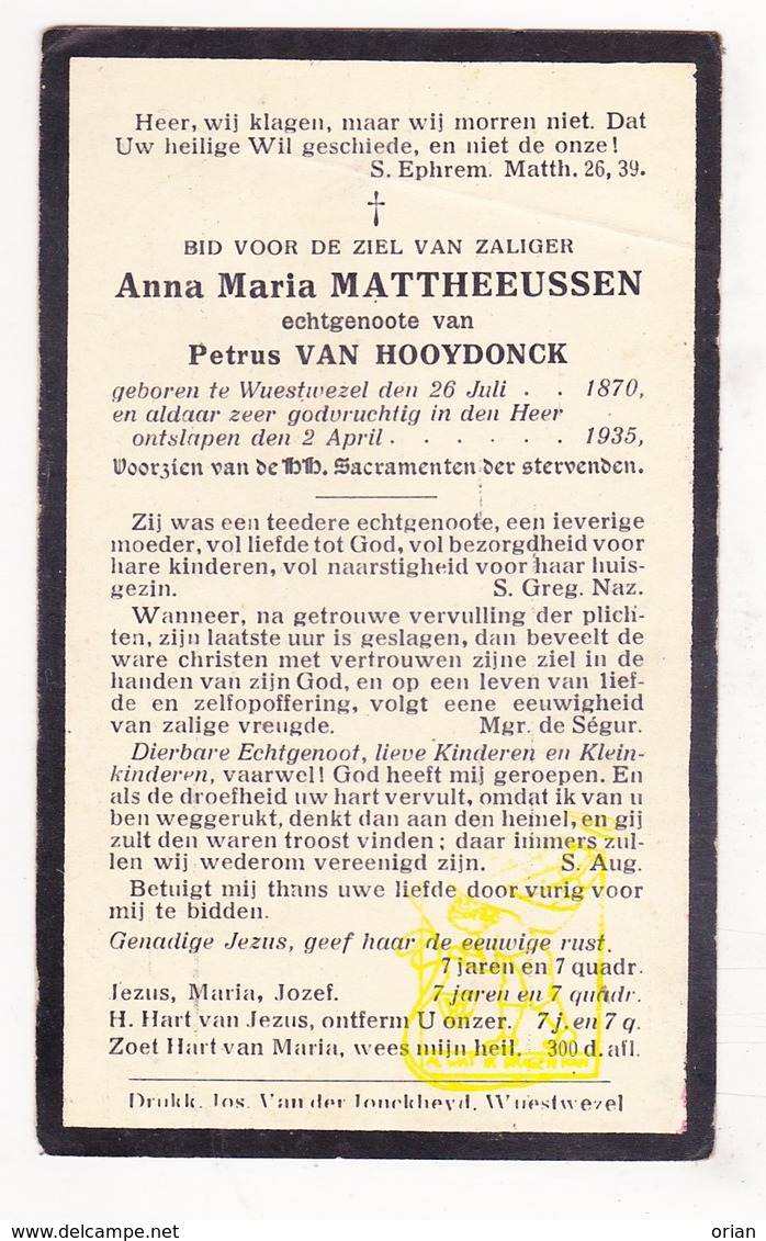DP Anna M. Mattheeussen ° Wuustwezel 1870 † 1935 X P. Van Hooydonck - Imágenes Religiosas