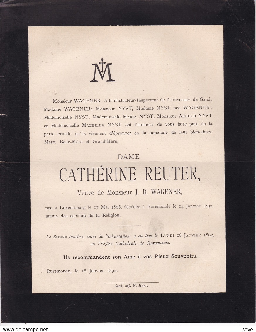 LUXEMBOURG RUREMONDE Catherine REUTER Veuve J.B. WAGENER 1805-1892 Famille NYST - Décès