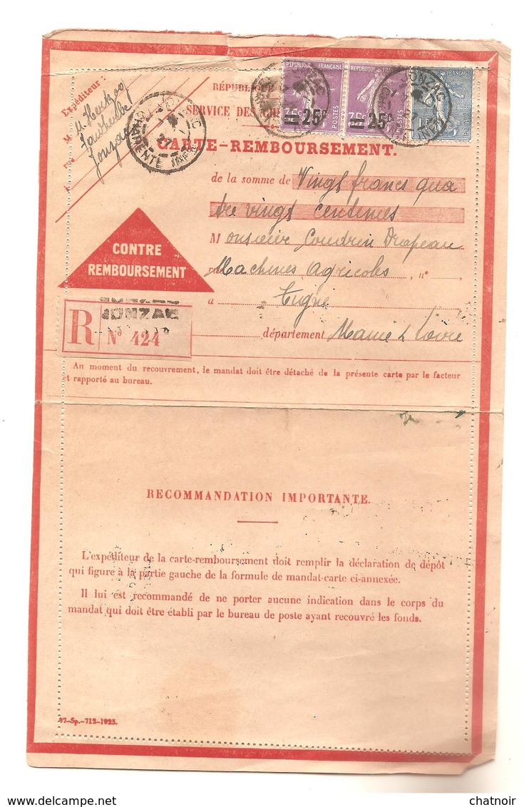 Carte Remboursement (defaut En Haut) Semeuse Camee Et Lignee De JONZAC Charente  1927 - Andere & Zonder Classificatie