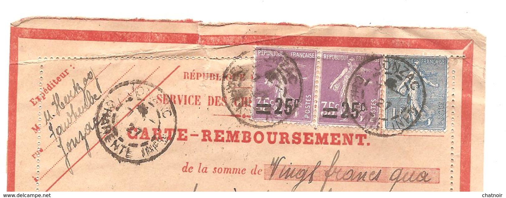 Carte Remboursement (defaut En Haut) Semeuse Camee Et Lignee De JONZAC Charente  1927 - Sonstige & Ohne Zuordnung