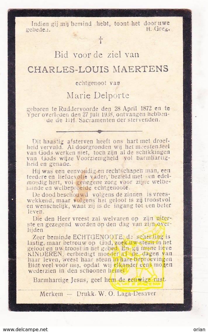 DP Charles L. Maertens ° Ruddervoorde Oostkamp 1872 † Ieper 1938 X Marie Delporte - Images Religieuses