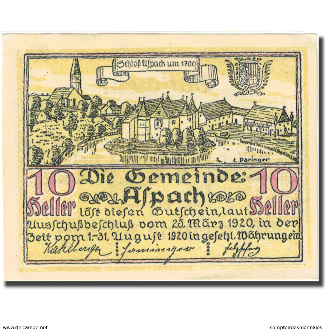 Billet, Autriche, Aspach, 10 Heller, Château, 1920-08-31, SUP+ Mehl:FS 57c - Autriche