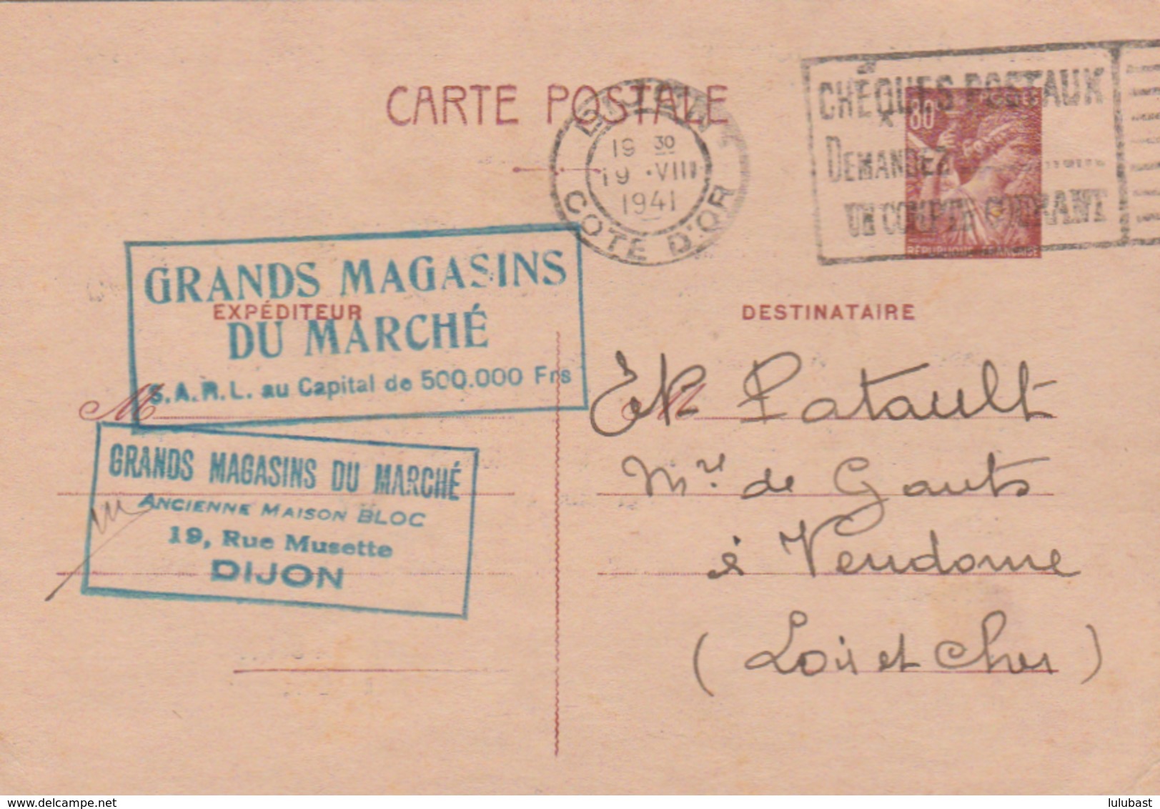 Entier 80c. Iris Repiqué Des "Grands Magasins Du Marché" De DIJON. (TTB) - Cartes Postales Repiquages (avant 1995)