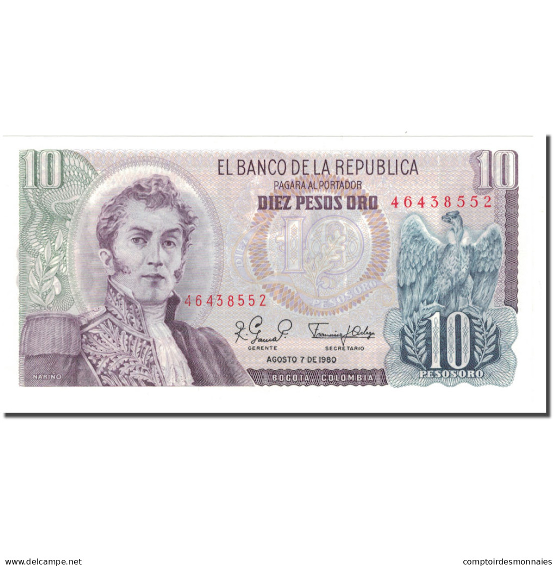 Billet, Colombie, 10 Pesos Oro, 1980-08-07, KM:407g, NEUF - Kolumbien