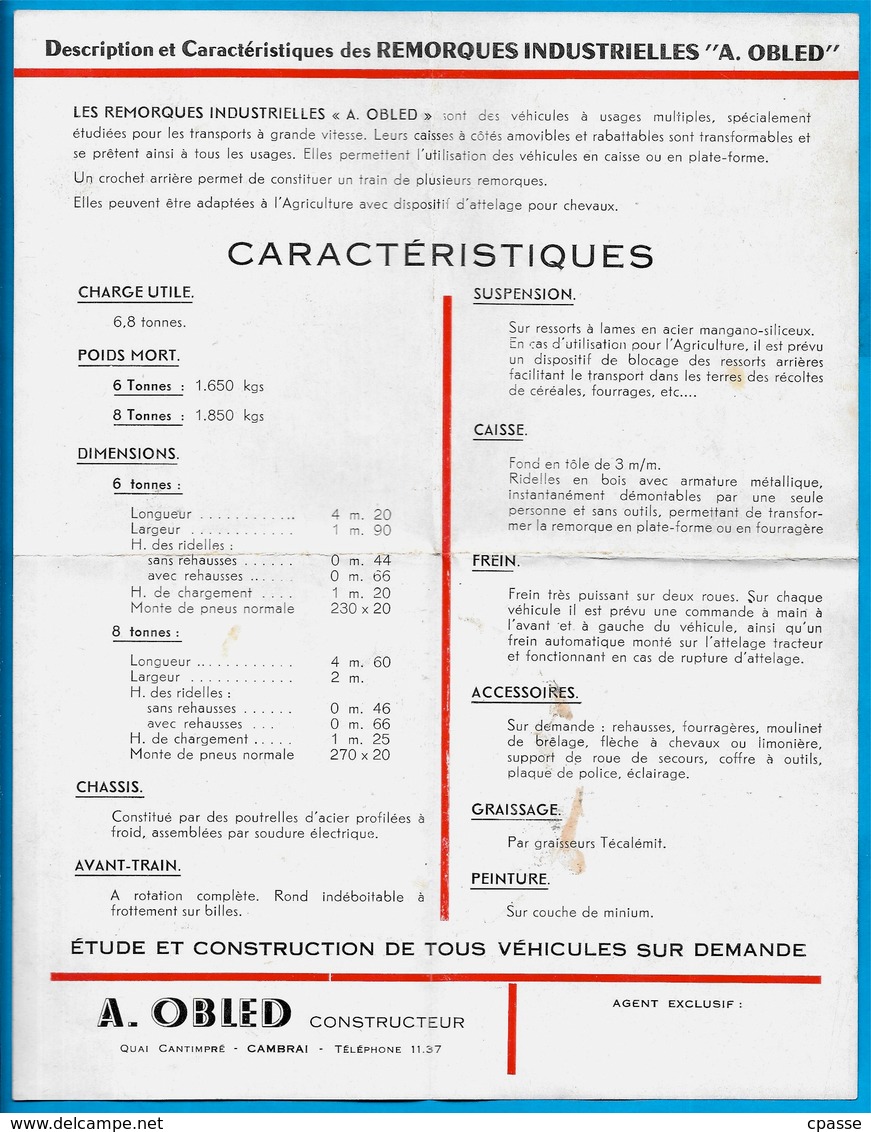 Flyer Prospectus REMORQUES INDUSTRIELLES OBLED Quai Cantimpré 59 CAMBRAI Nord (Multi Usages Dont Agriculture) - Publicidad