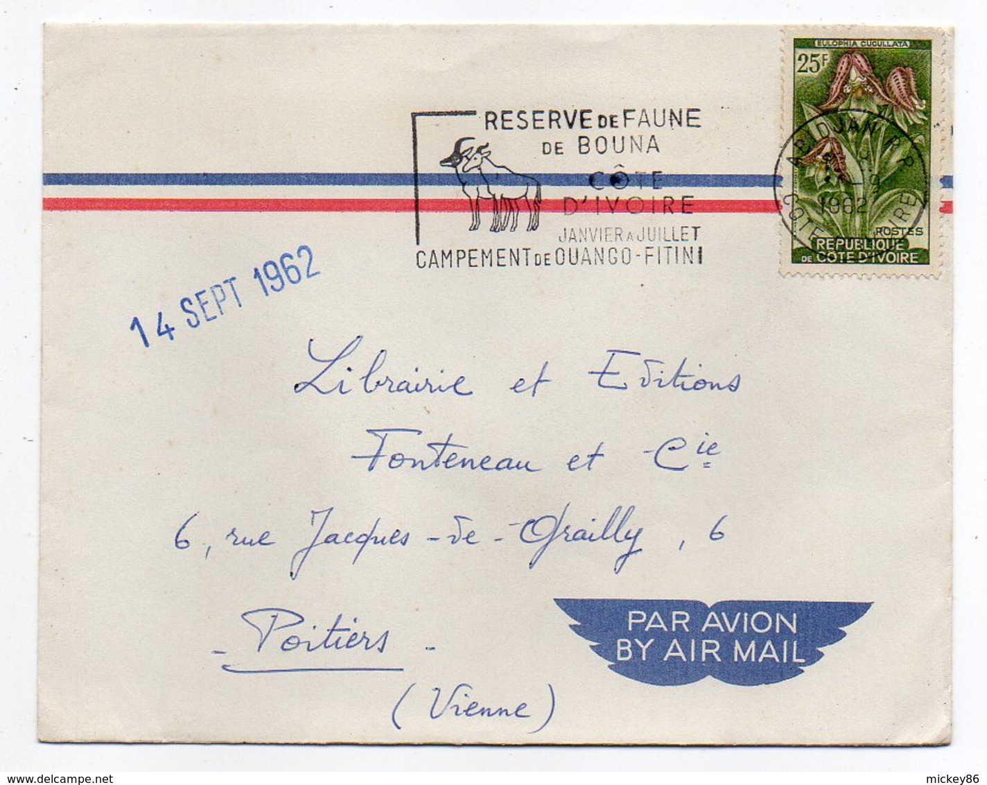 Côte D'Ivoire --1962--lettre De Abidjan Pour Poitiers-86 (France)-timbrefleur,cachet Réserve Faune De Bouna - Côte D'Ivoire (1960-...)