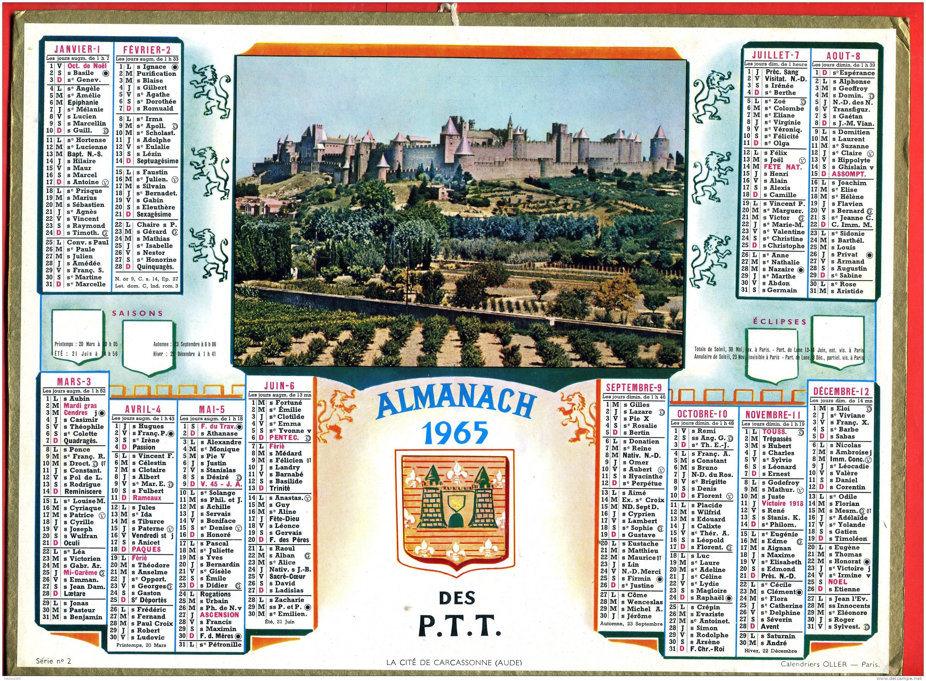 CALENDRIER 1965 CITE DE CARCASSONNE AUDE ALMANACH PTT OLLER EN TRES BON ETAT - Grand Format : 1961-70