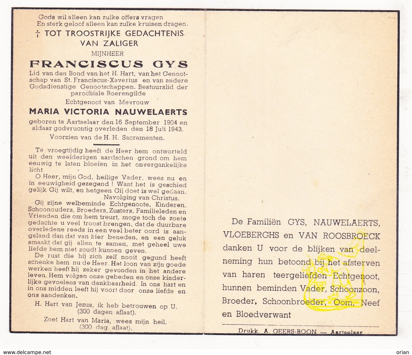 DP Franciscus Gys Gijs ° Aartselaar 1904 † 1943 X Maria V. Nauwelaerts / Vloeberghs Van Roosbroeck - Images Religieuses