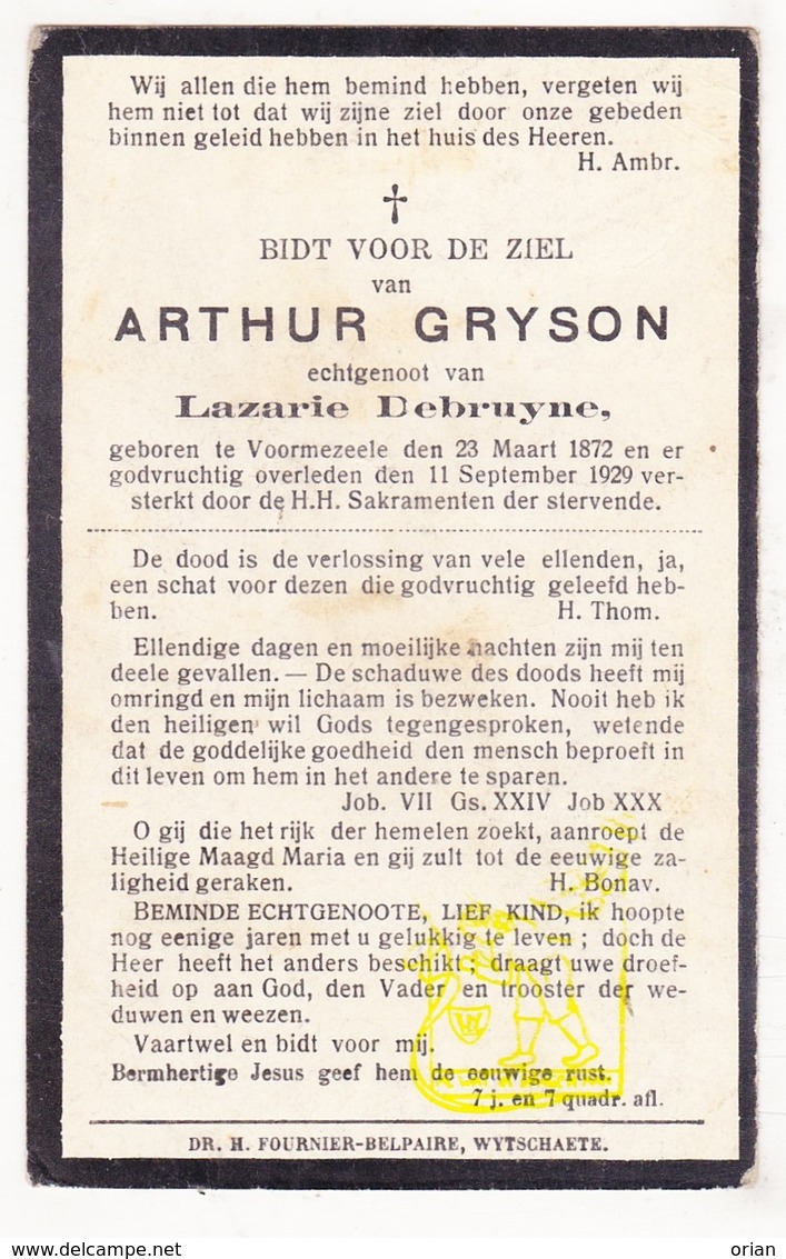 DP Arthur Gryson ° Voormezele Ieper 1872 † 1929 X Lazarie Debruyne - Images Religieuses