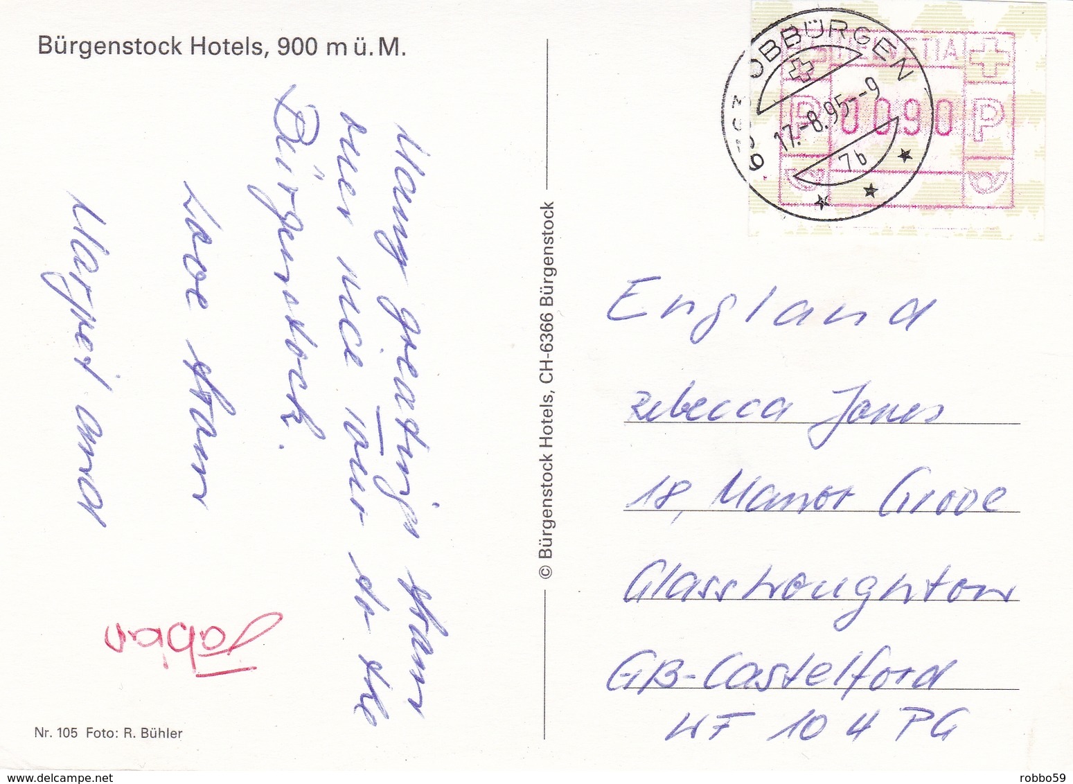 Switzerland Obburgen Burgenstock Hotels Postcard Obburgen 1995 Postmark Used Good Condition - Other & Unclassified