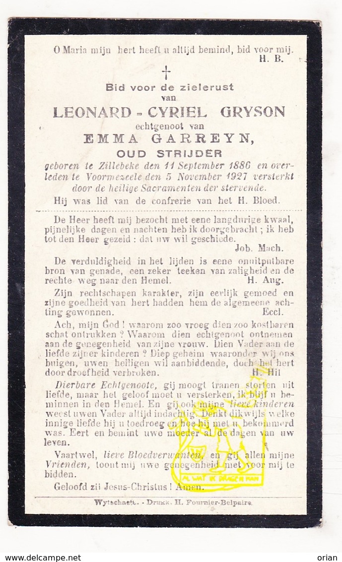 DP Leonard C. Gryson ° Zillebeke 1886 † Voormezele 1927 X Emma Garreyn / Ieper - Images Religieuses