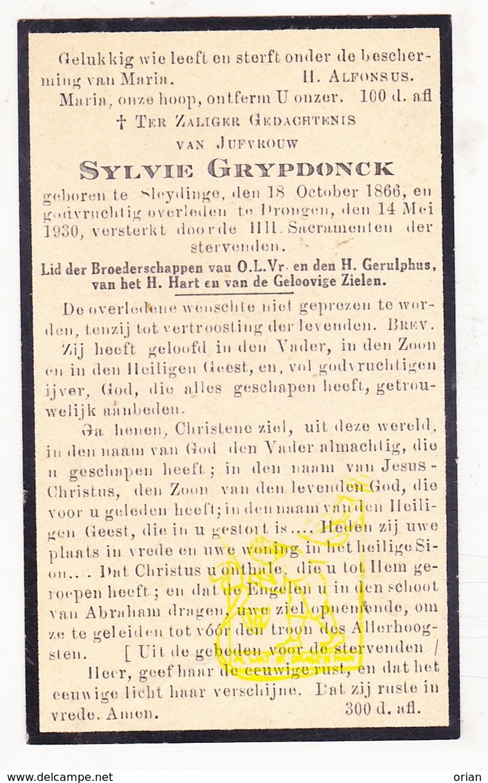 DP Sylvie Grypdonck ° Sleidinge 1866 † Drongen 1930 - Images Religieuses