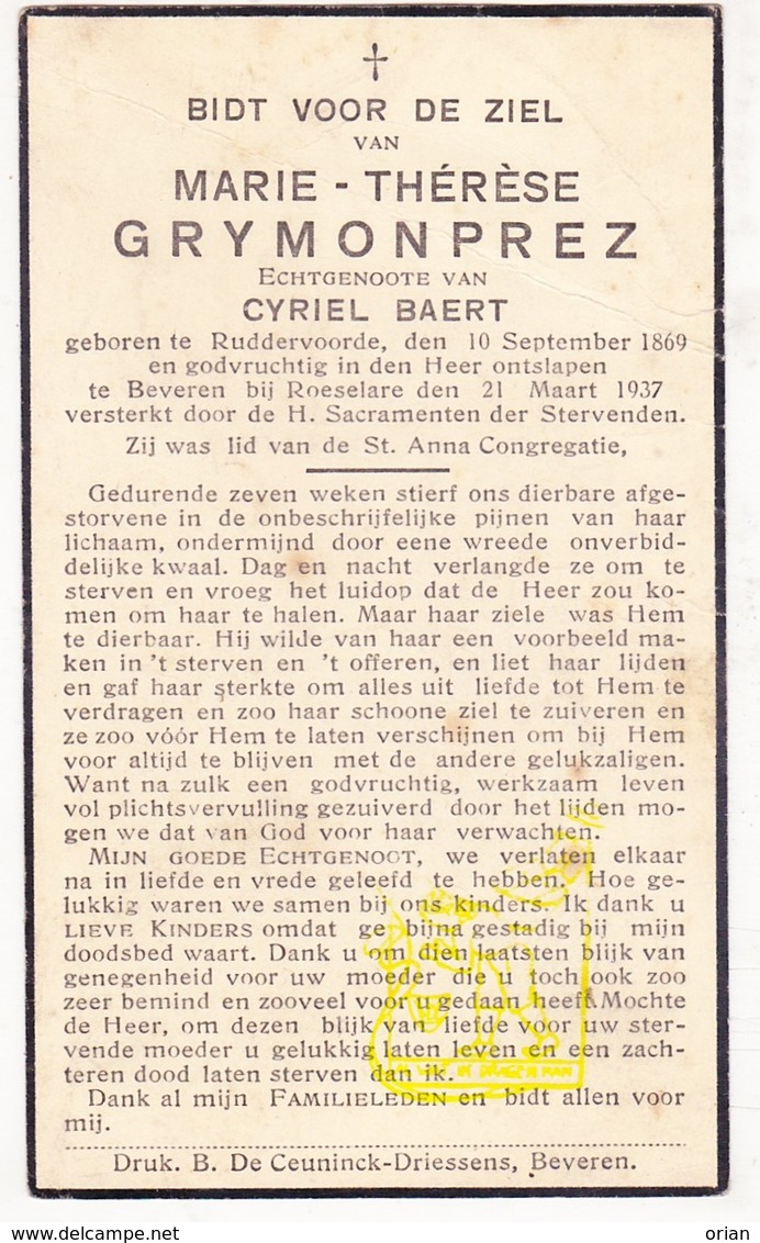 DP Marie Th. Grymonprez ° Ruddervoorde 1869 † Beveren Roeselare 1937 X Cyriel Baert - Images Religieuses