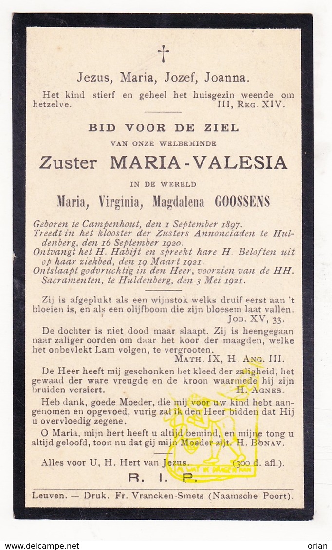 DP EZ Maria Virginia M. Goossens - Zr. Valesia 23j. ° Kampenhout 1897 † Klooster Huldenberg 1921 - Images Religieuses