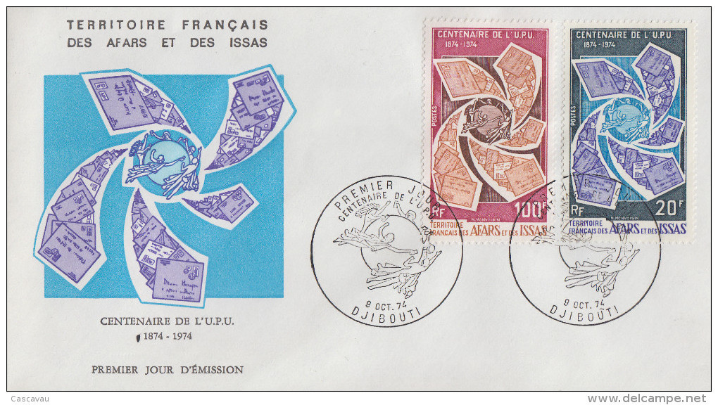 Enveloppe  FDC  1er  Jour  TERRITOIRE  FRANCAIS   Des   AFARS  Et  ISSAS  Centenaire  De  L' U.P.U  1974 - Autres & Non Classés