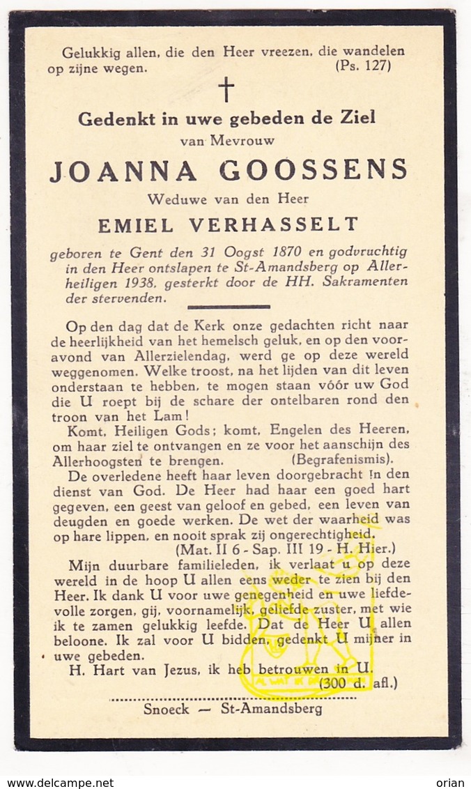 DP Joanna Goossens ° Gent 1870 † St.-Amandsberg 1938 X Emiel Verhasselt - Images Religieuses