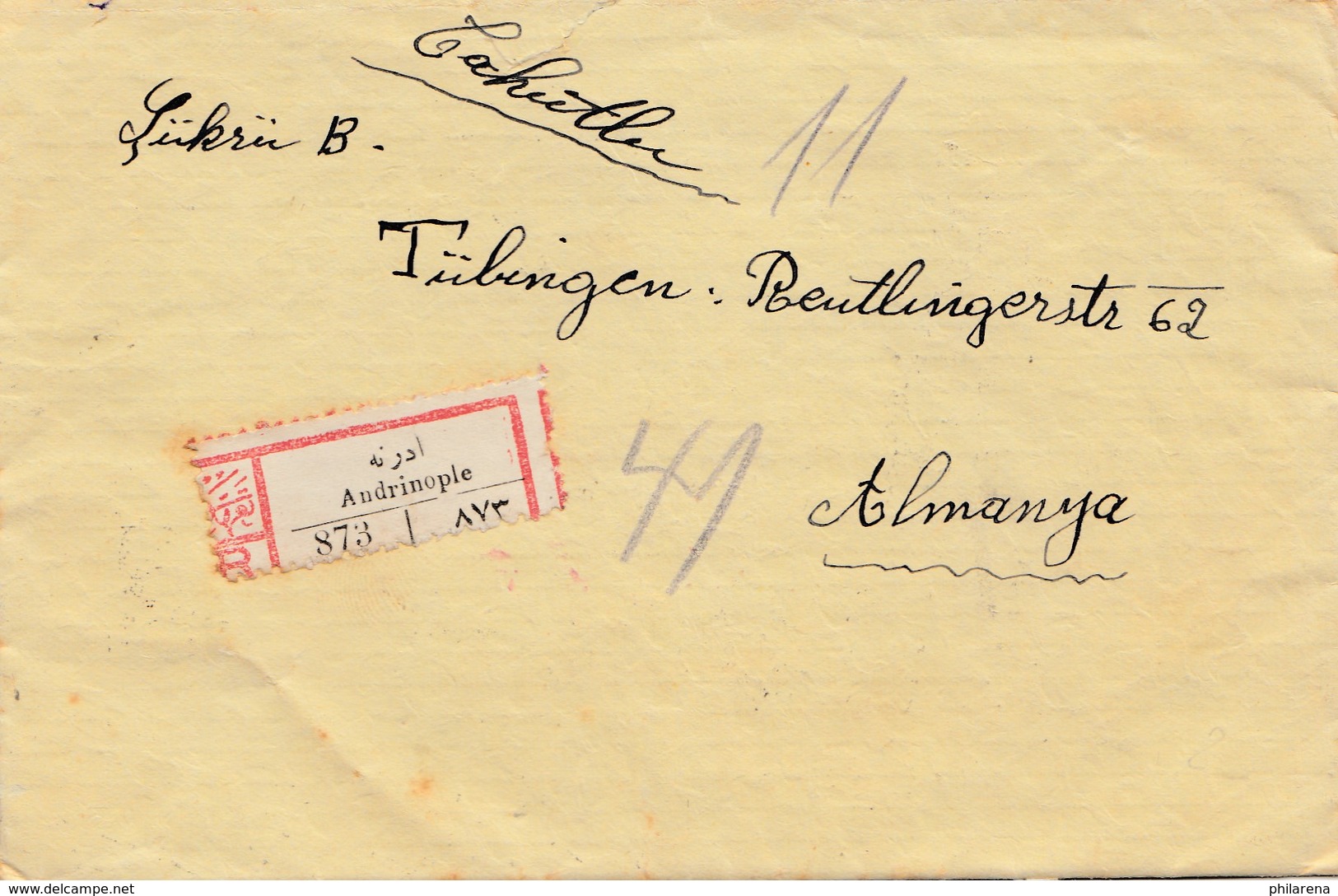 Türkei: 1929: Einschreiben Andrinople Nach Tübingen - Sonstige & Ohne Zuordnung