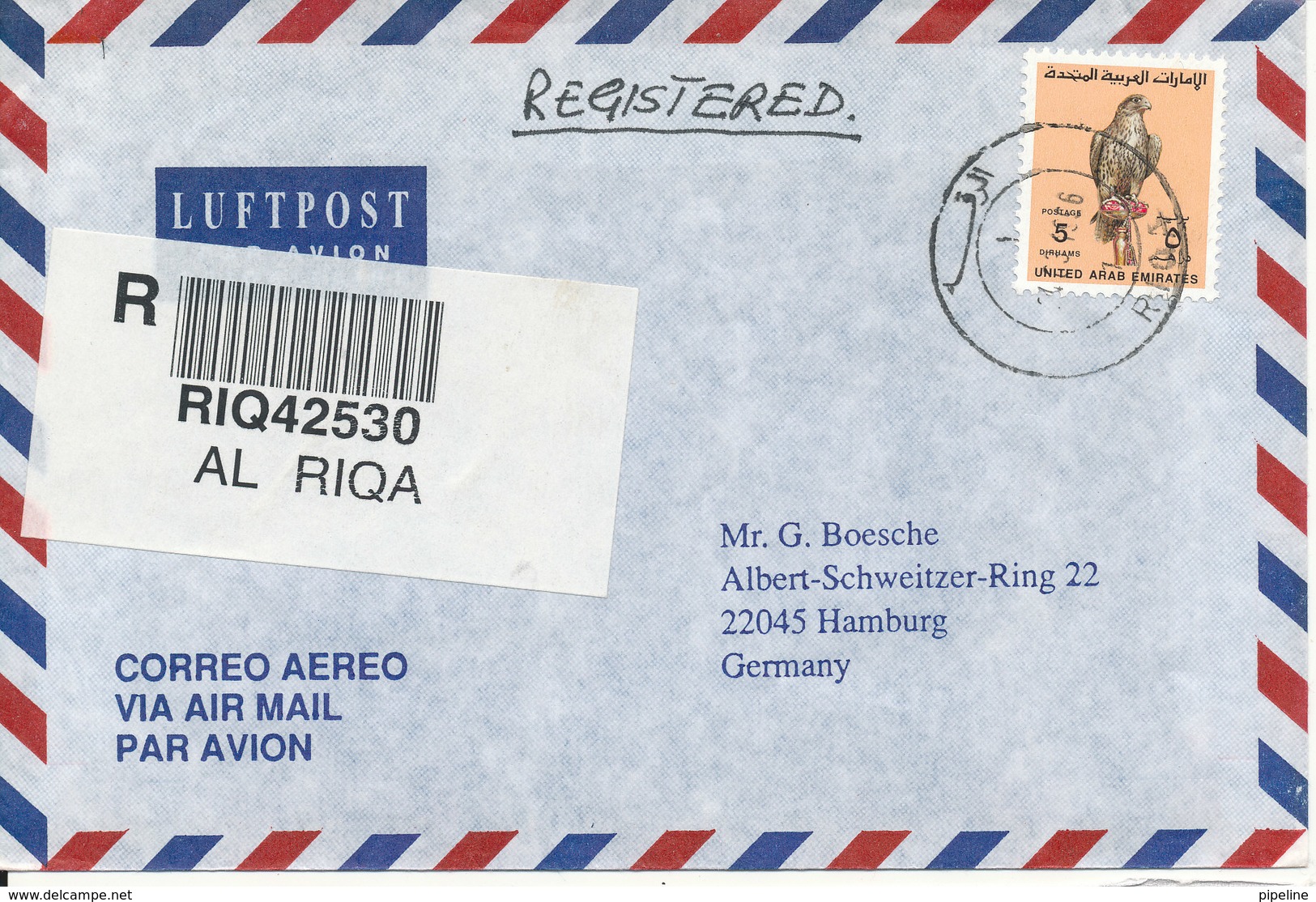 UAE Dubai Registered  Air Mail Cover Sent To Germany Riqa 24-3-1996 Single Franked - Dubai