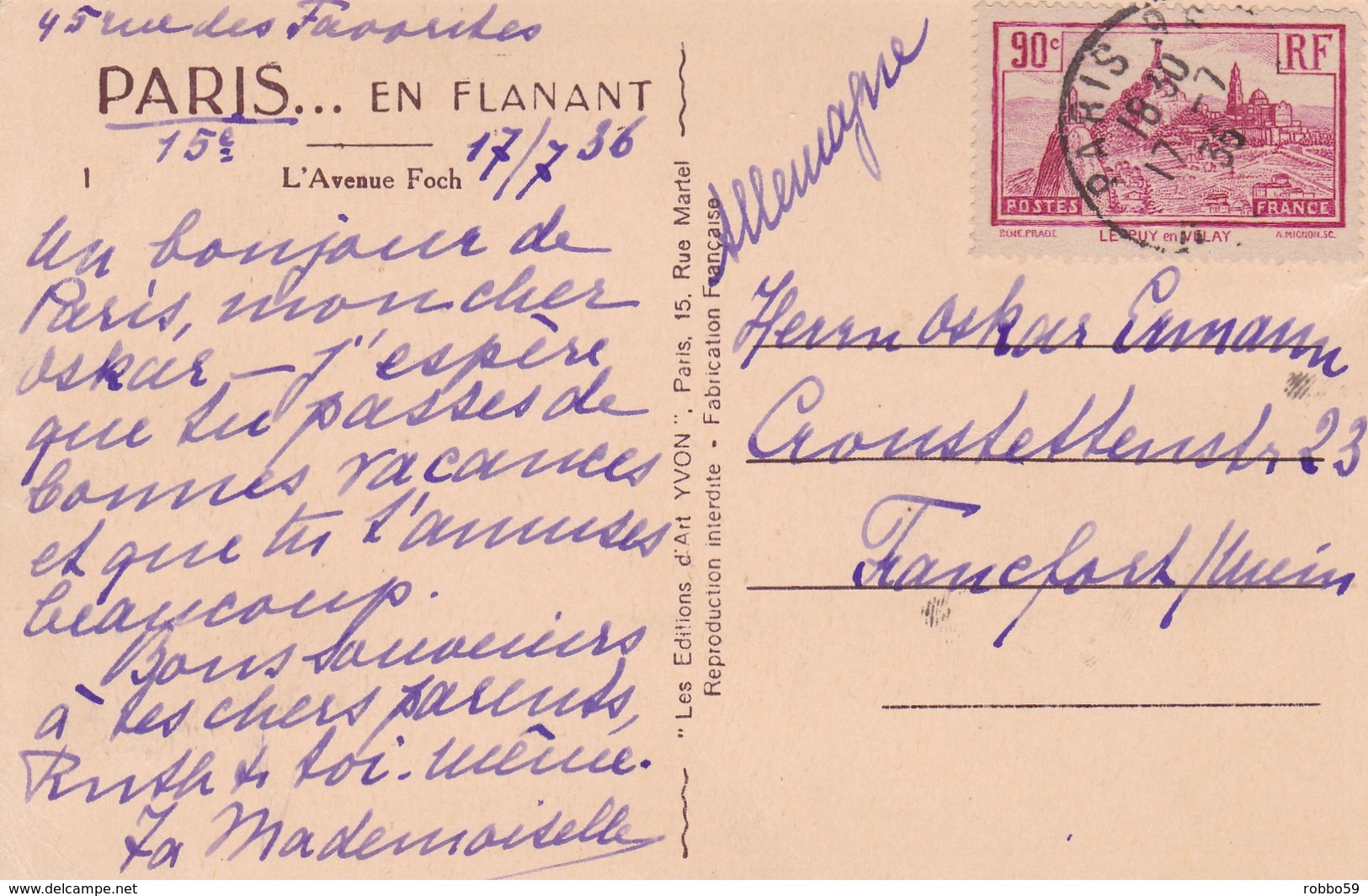 France Paris L'Avenue Du Foch Postcard 1936 Postmark Used Good Condition - Champs-Elysées