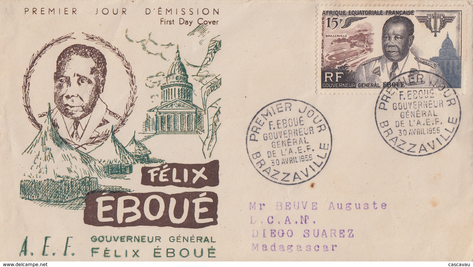 Enveloppe  FDC  1er  Jour  AFRIQUE  EQUATORIALE  FRANCAISE    Gouverneur  Général  : Félix  EBOUE   1955 - Autres & Non Classés