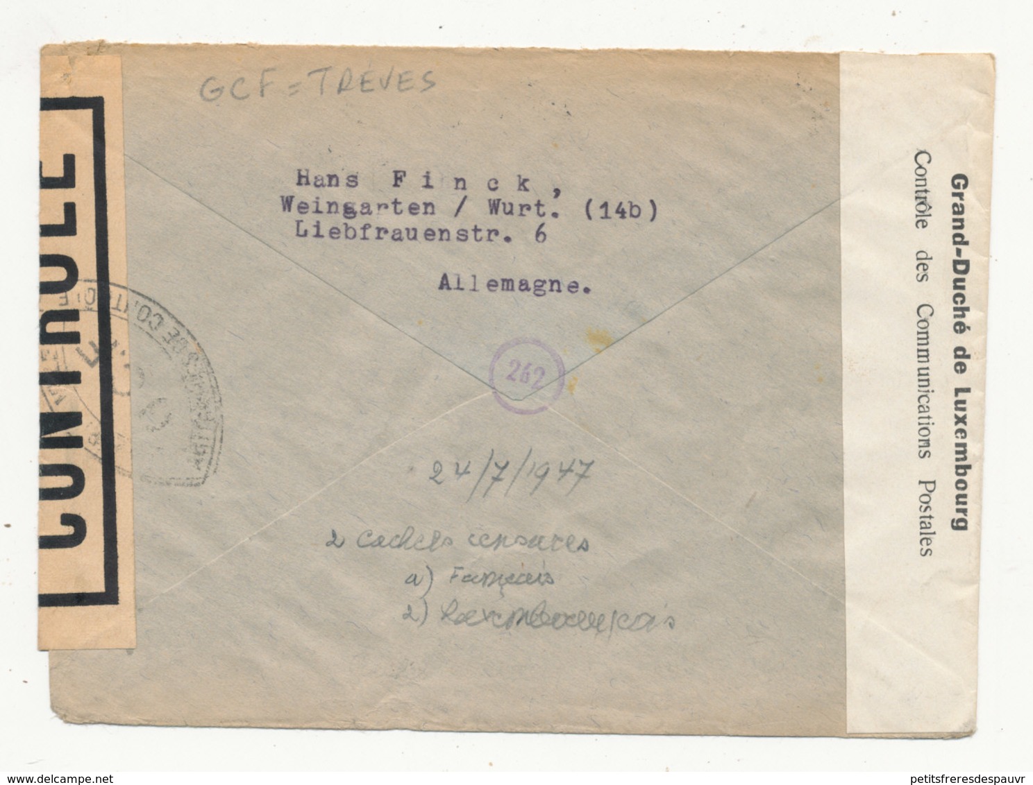 ALLEMAGNE Zone Occupation Française 1947 - Lettre Avec Censure Militaire WEINGARTEN (Wurtemberg) Pour LUXEMBOURG - Autres & Non Classés