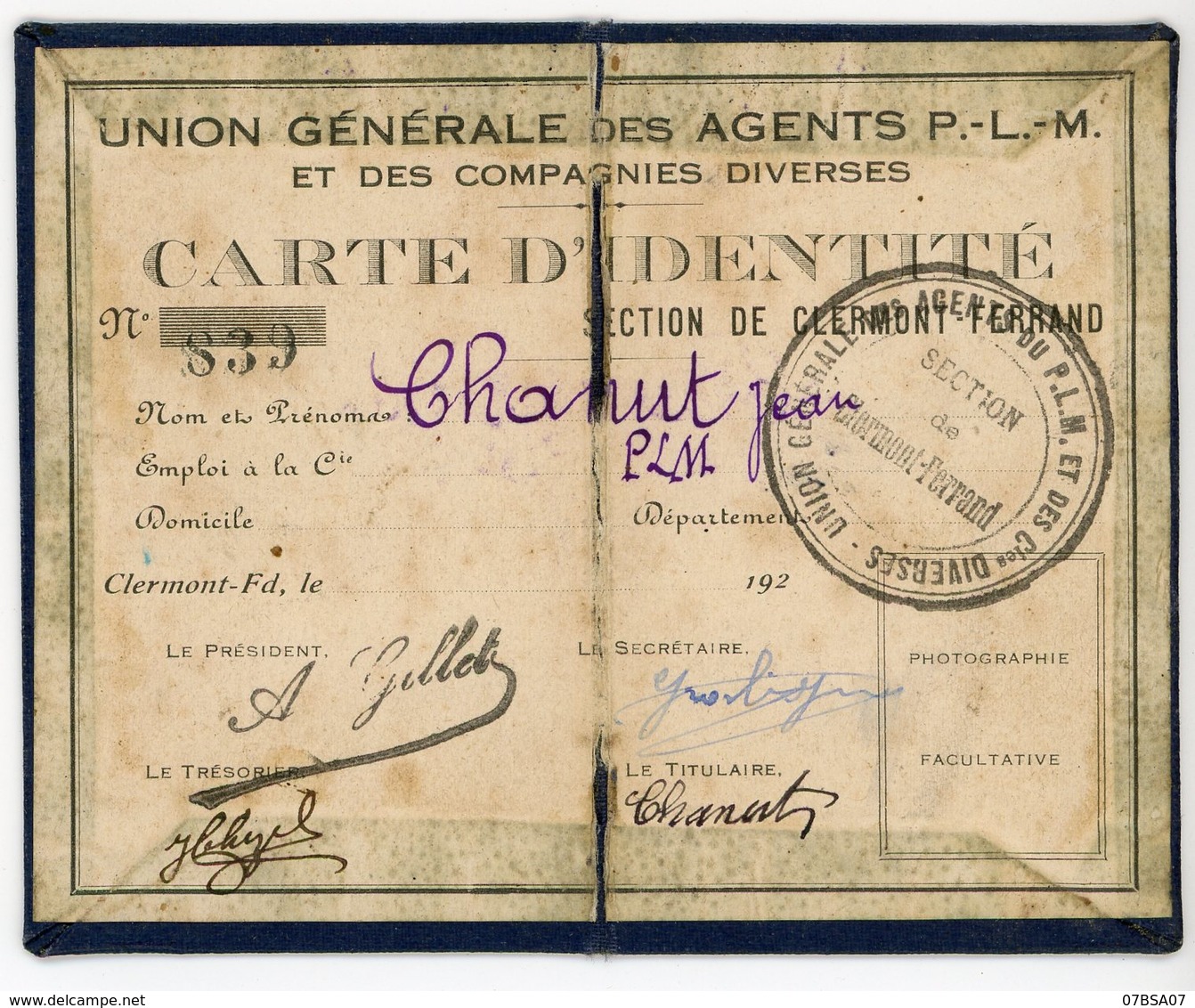 PUY DE DOME 192? CARTE IDENTITE UNION DES AGENTS SNCF CLERMONT FERRAND PLM 192?. PETIT FORMAT CARTONNE OUVERT 12,5 X 10 - Documents Historiques