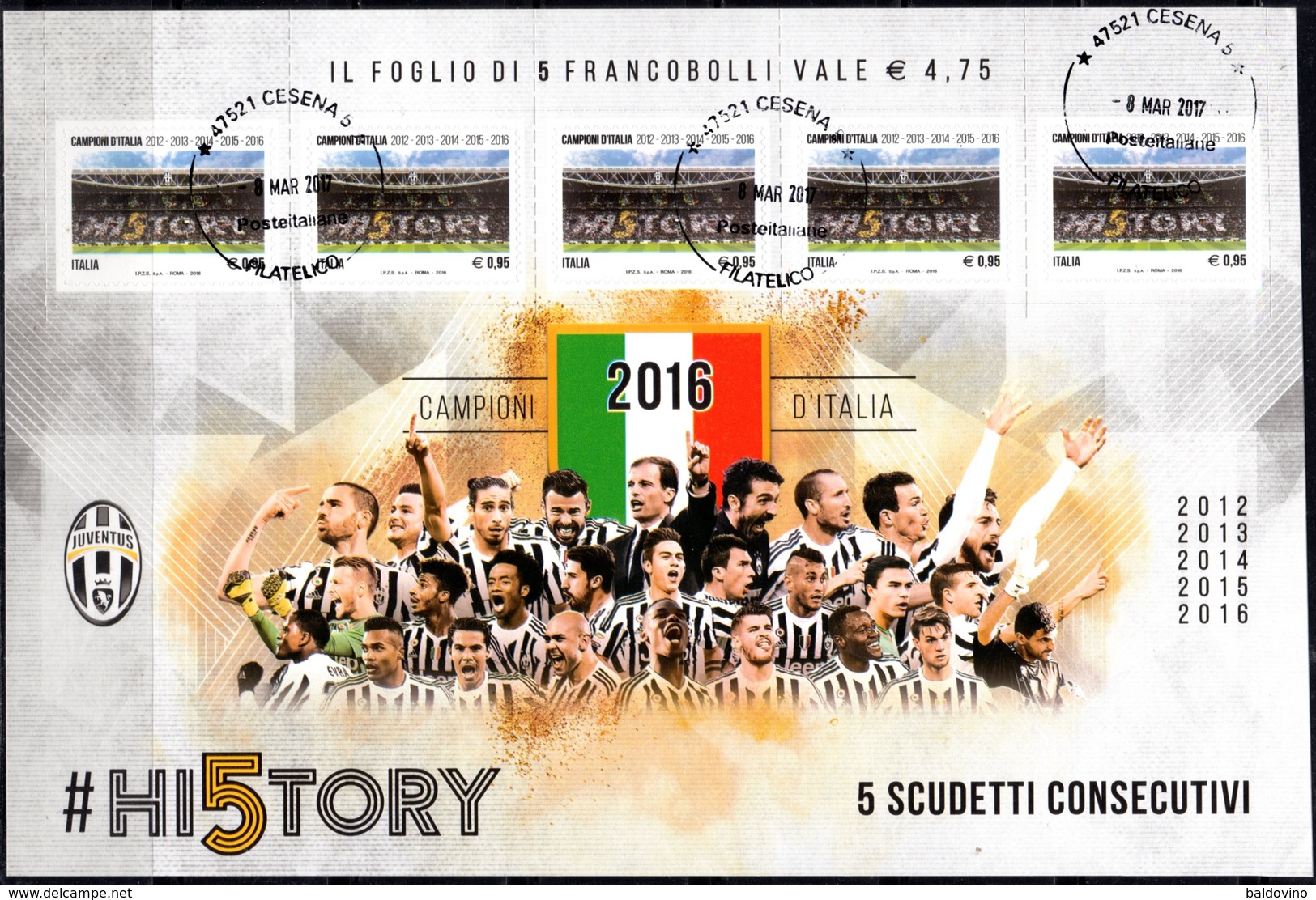 Italia 2016 Juventus Campione Foglietto 5 Valori Annullo Filatelico - Blocs-feuillets