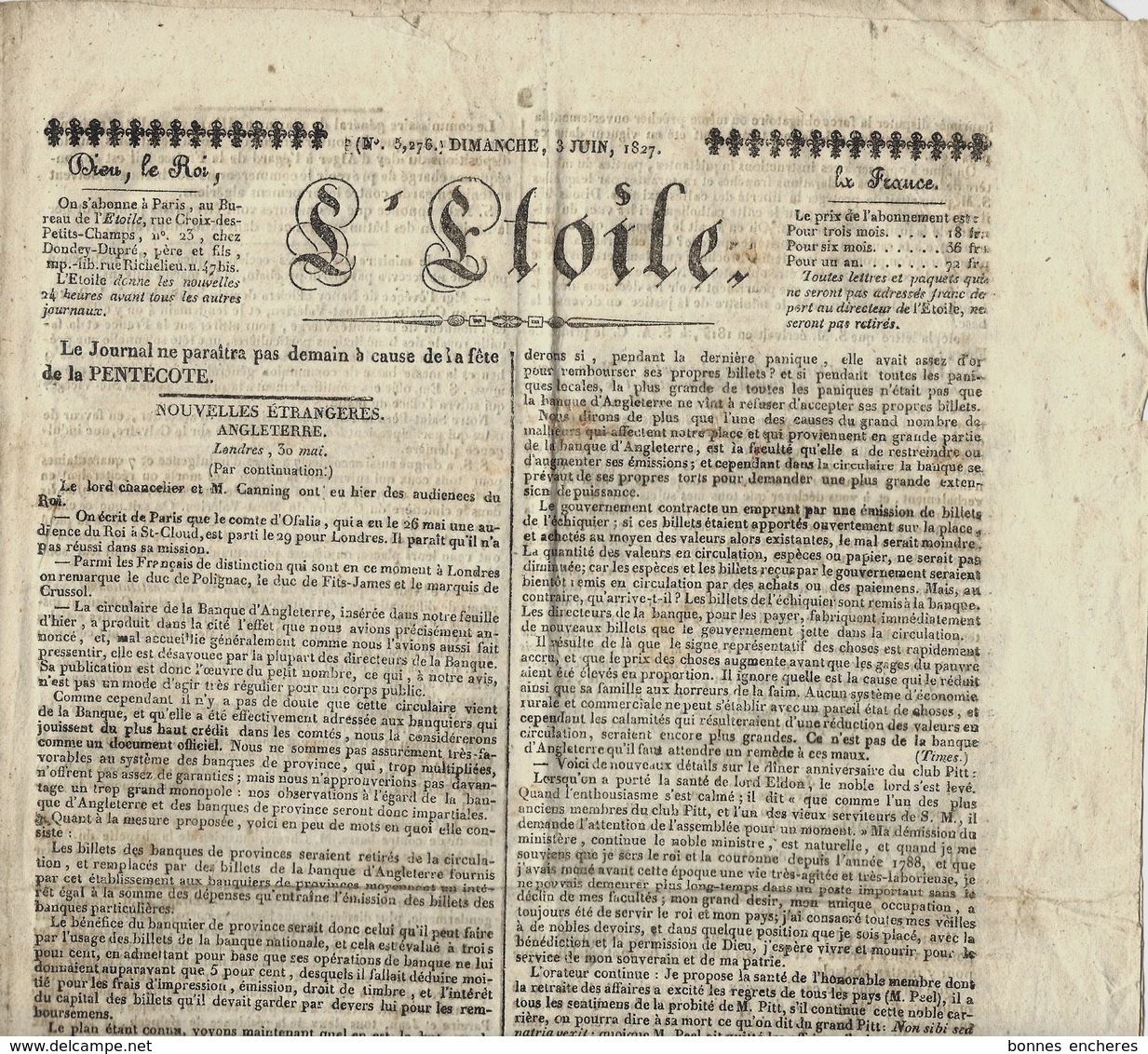 1827 JOURNAL "L'ETOILE" "Dieu, Le Roi, La France  Paris    POLITIQUE Tirage Du 3 Juin 1827 Sur 4 Grandes Pages V.SCANS - Collections