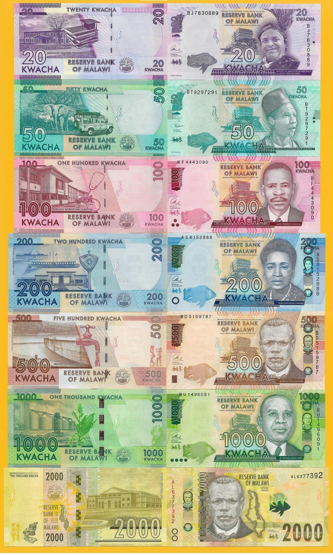Malawi Set 20 50 100 200 500 1000 2000 Kwacha 2014-2018 UNC Banknotes - Malawi