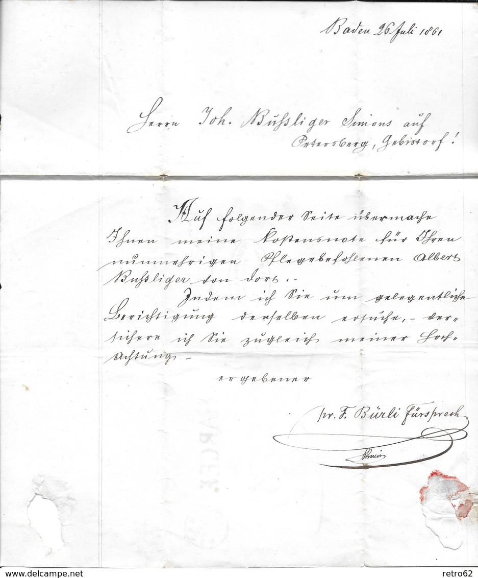 1854-1862 Helvetia (Ungezähnt) Strubel → CHARGEE / Fingerhutst. BADEN (Fürsprech F.Bürli) ►SBK-25B4.V◄ - Lettres & Documents